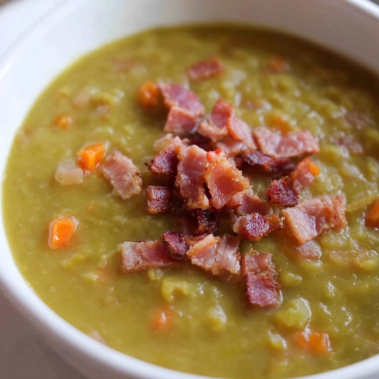 Homemade split pea soup with canned ham, a rich, creamy soup for a cold winter evening.