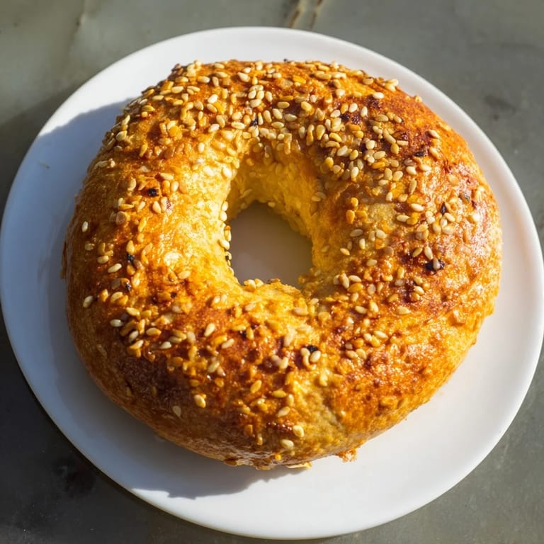 Perfectly shaped Homemade Budget Bagels with sesame seeds, ready to be sliced and enjoyed with cream cheese.