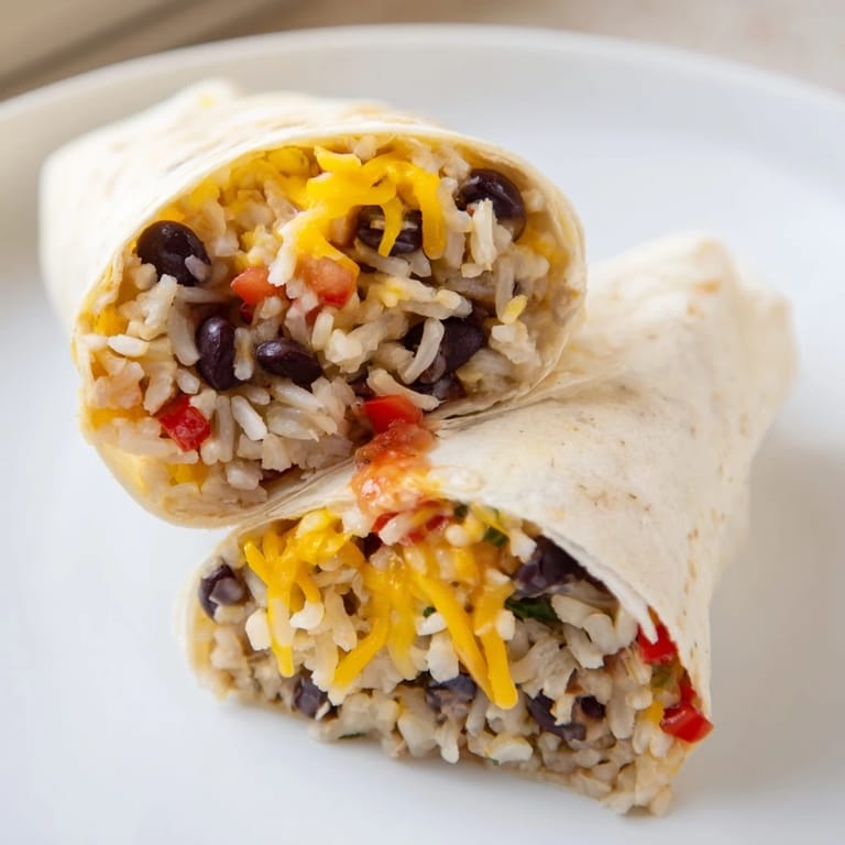 Steaming plate with a freezer-friendly burrito, filled with rice, beans, and fresh salsa flavors.