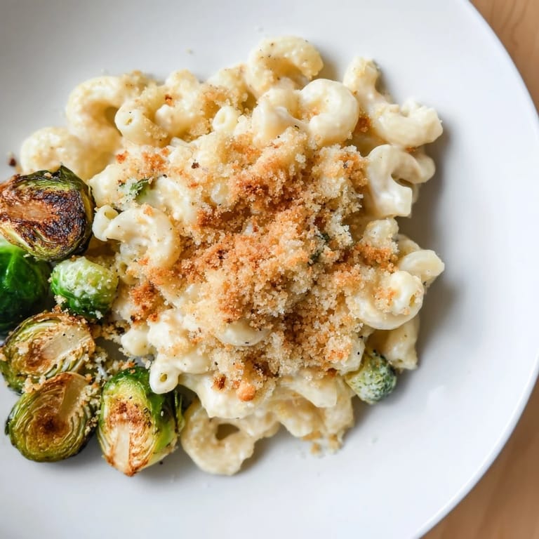 A close-up of sheet pan mac and cheese, featuring creamy cheese, crispy Brussels sprouts, and a golden topping.