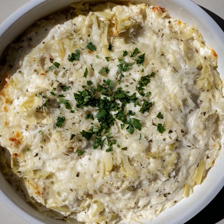 Savory Baked Artichoke Dip, bubbling from the oven, with a creamy base and artichoke pieces.