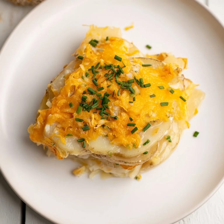 Hot cheesy scalloped potatoes, a Southern favorite, baked until golden brown and delicious.