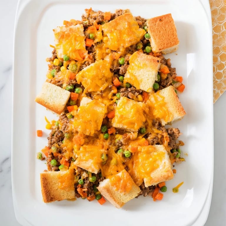 A hot, cheesy 5-Ingredient Sloppy Joe Casserole, savory beef with visible veggies and melted cheddar.