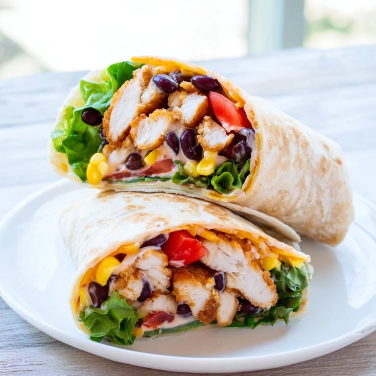 Close-up of a colorful Southwest Chicken Wrap, ready to eat, with visible fillings and textures.