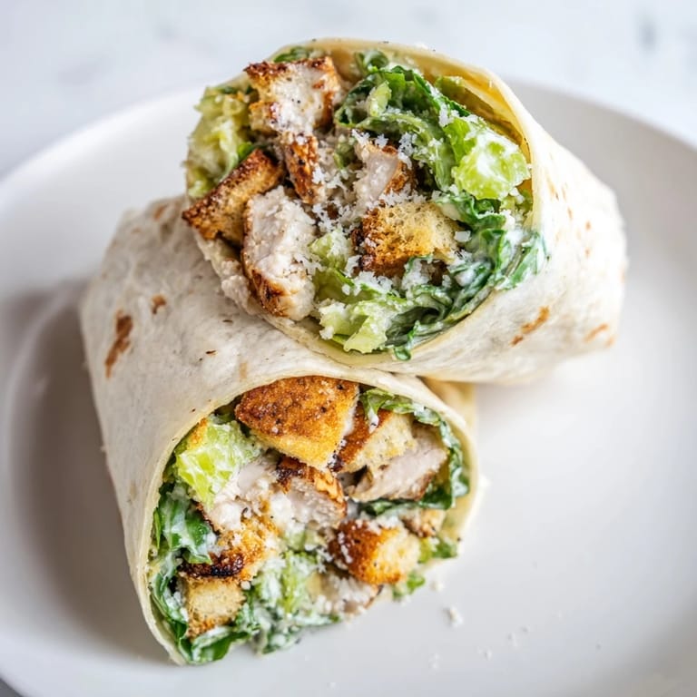 Golden-brown Chicken Caesar Wraps, showing a cross-section revealing the fresh, crunchy ingredients inside.