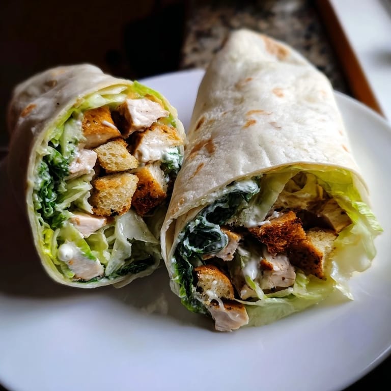 Enjoy a delicious, handheld Chicken Caesar Wrap filled with savory chicken and a delightful creamy dressing.