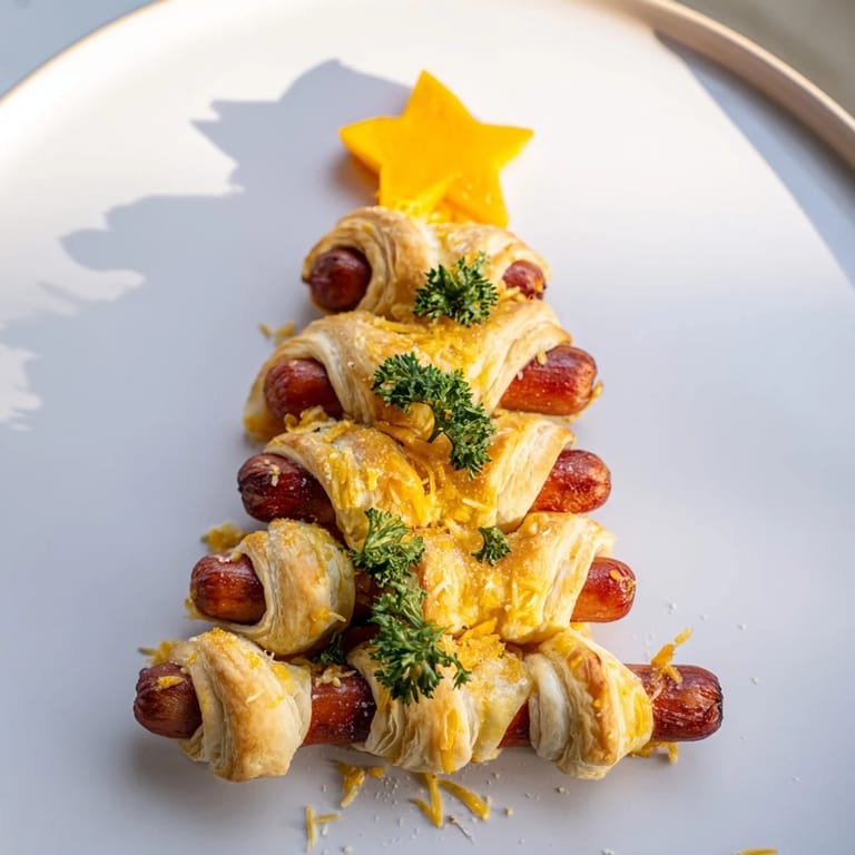 Warm and savory Express Pigs in Blanket Christmas Tree, with parsley garnish, perfect for a Christmas appetizer.