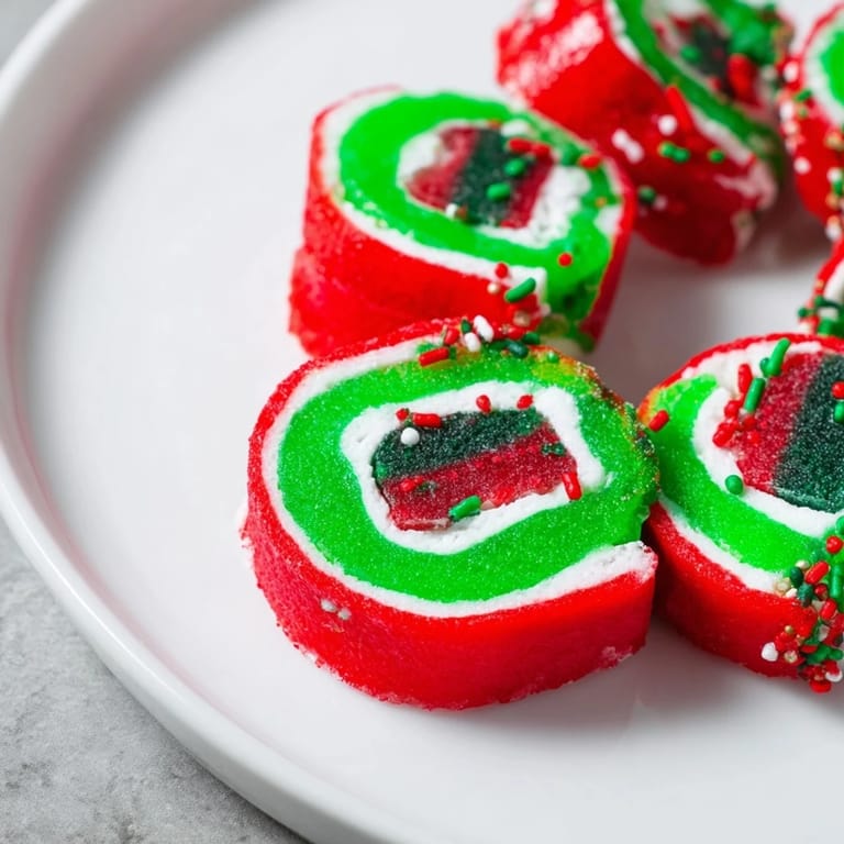 Delicious, kid-friendly Christmas Fruit Rollup Sushi, a beautifully arranged plate of sweet, colorful fruit snacks.