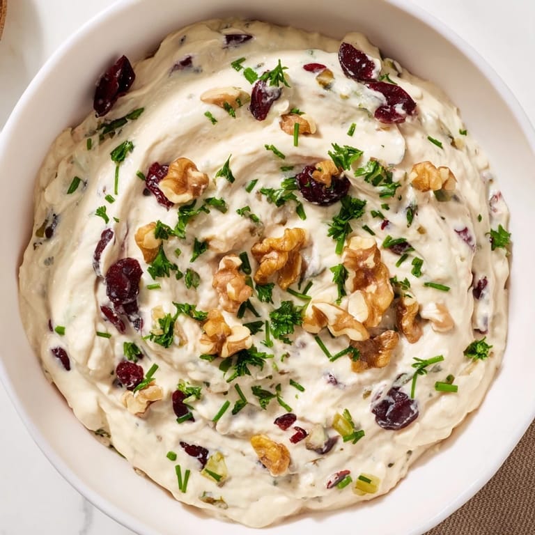 Enjoy a bowl of tangy Lightened Holiday Cream Cheese Dip, with hints of green onion, and a sprinkle of nuts.