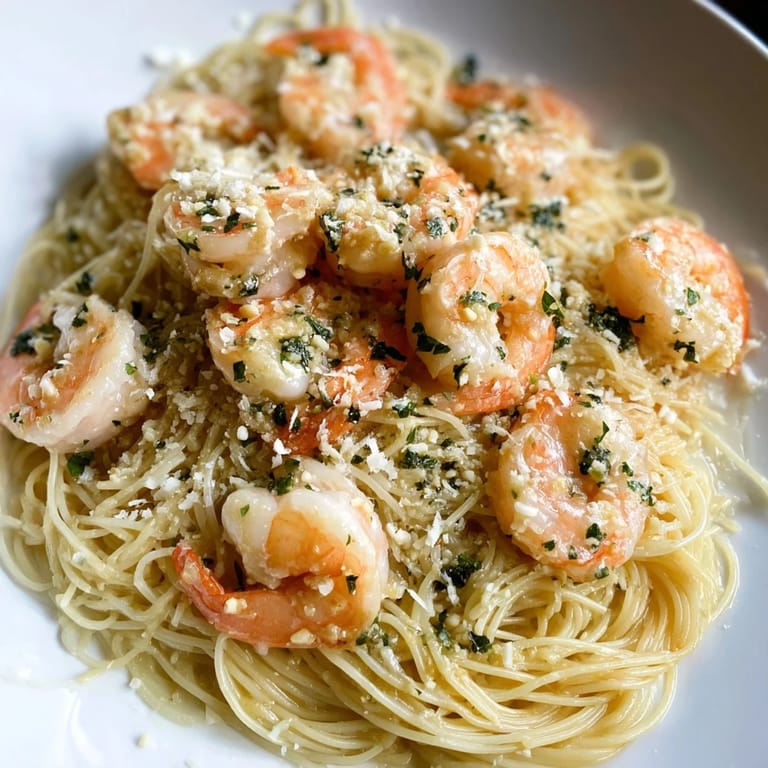 This One-Skillet Lemon Garlic Shrimp Angel Hair Pasta features perfectly cooked shrimp and bright flavors.