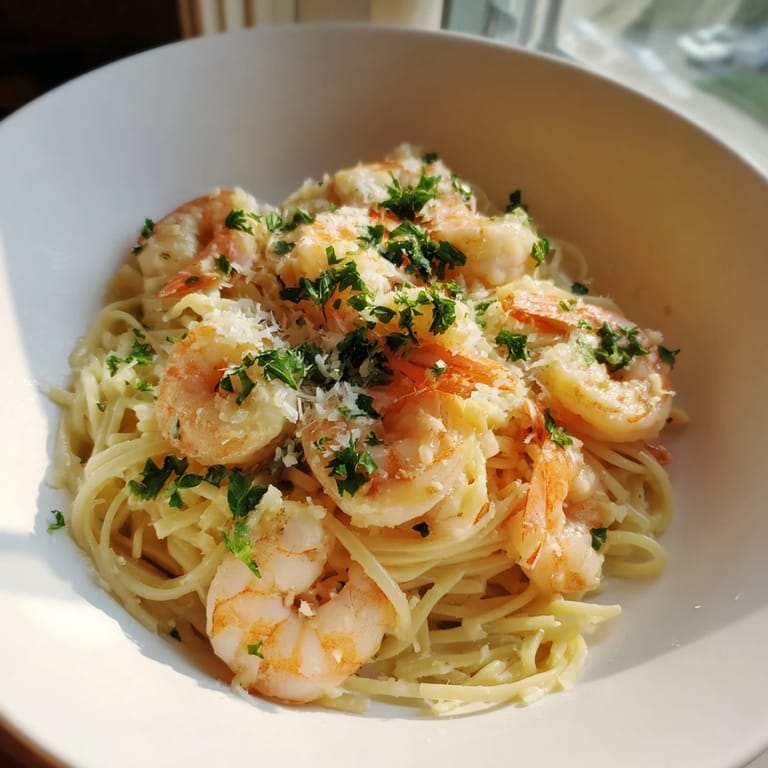 Golden angel hair pasta with shrimp, bathed in lemon garlic sauce, One-Skillet Lemon Garlic Shrimp.