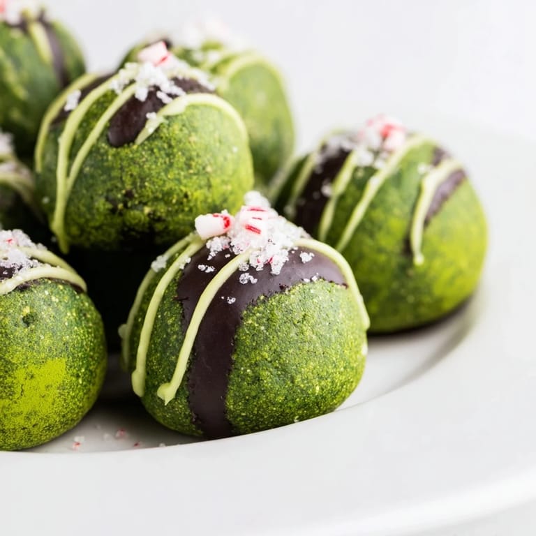 Close-up of freshly made Matcha Dark Chocolate Peppermint Truffles, dusted in matcha powder and ready to enjoy.