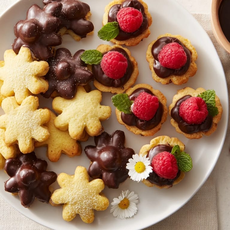Vibrant colors highlight the Daisy Chain Dessert Tray presentation with fresh berries and edible flowers.