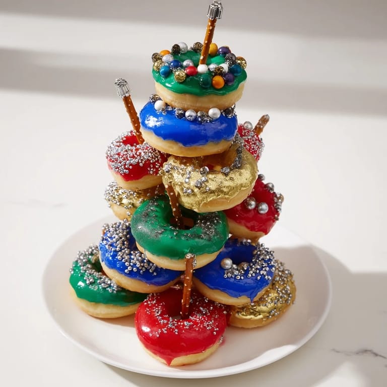 A close-up view of the Donut Stack Christmas Ornament Tower, showing sugared mini donuts in holiday colors.