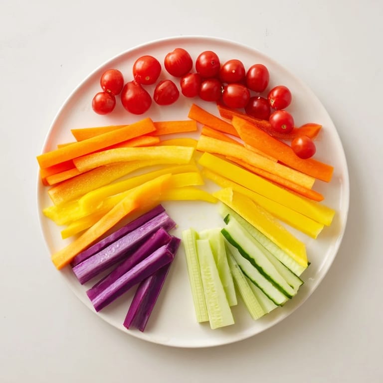 Image shows Rainbow Arch Bright Veggie Sticks, ideal for parties, with glistening bell peppers and carrots ready to enjoy.
