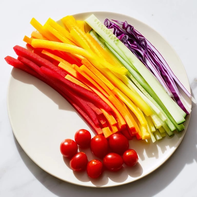 See a stunning Rainbow Arch Bright Veggie Sticks platter including red, orange, and yellow bell peppers forming a delicious rainbow.