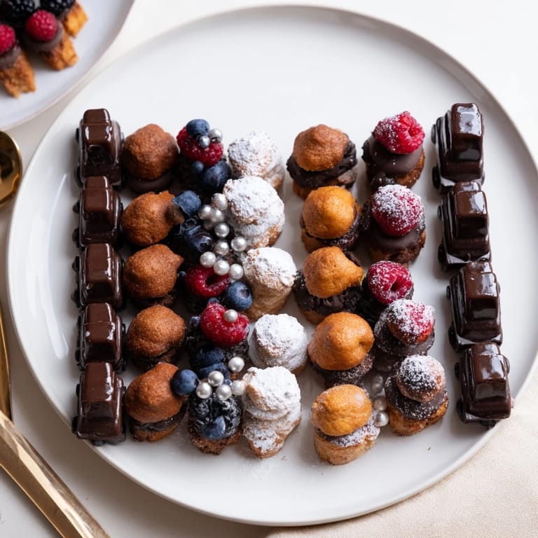 Delightful "Piste de Train Mignardises," showcasing vibrant fruit tartlets, chocolate puffs, and financiers on the dessert table.