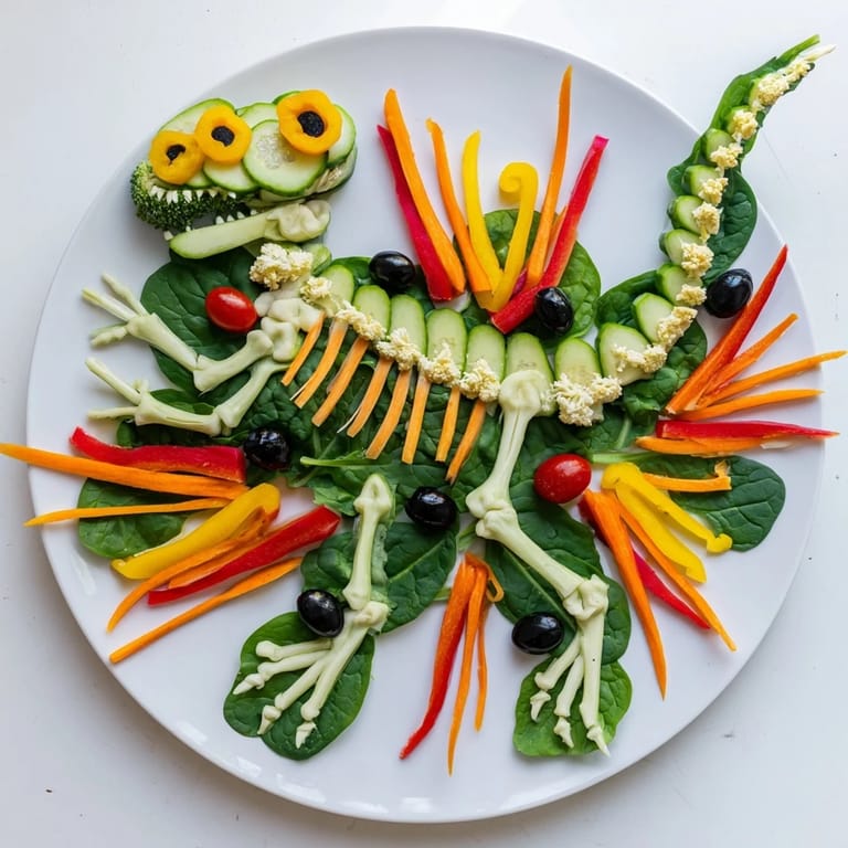 This playful T-Rex Fossil Crudités features crunchy carrot limbs, bell pepper jaws, and olive eyes, ready to eat.
