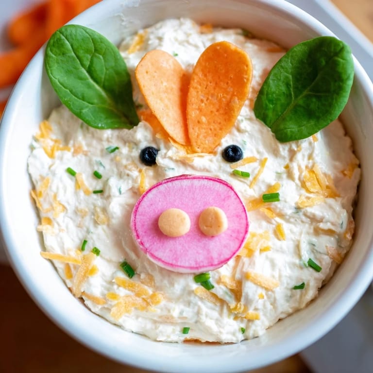Fresh cucumber sticks and other dippers surround the whimsical Piggy Face Dip for an appealing appetizer.
