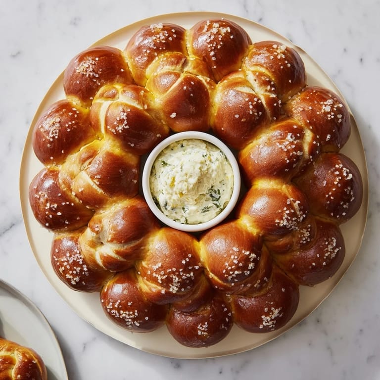 A close-up of a warm Pretzel Wreath Dip Ring, invitingly showcasing the creamy spinach dip.