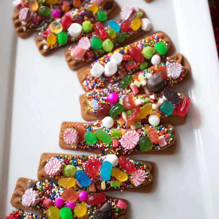 Festive gingerbread path dessert board from Candy Land, lined with jelly beans and marshmallows.