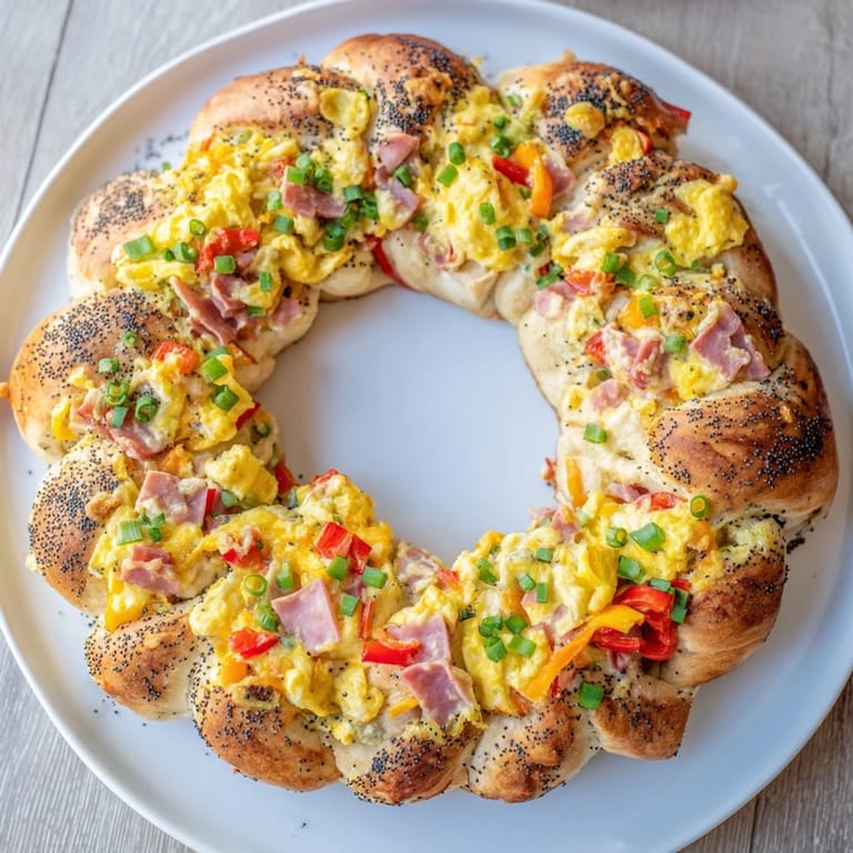 Fluffy scrambled eggs, ham, and cheese inside this Wreath-Shaped Egg and Ham Bake wreath, baked beautifully.
