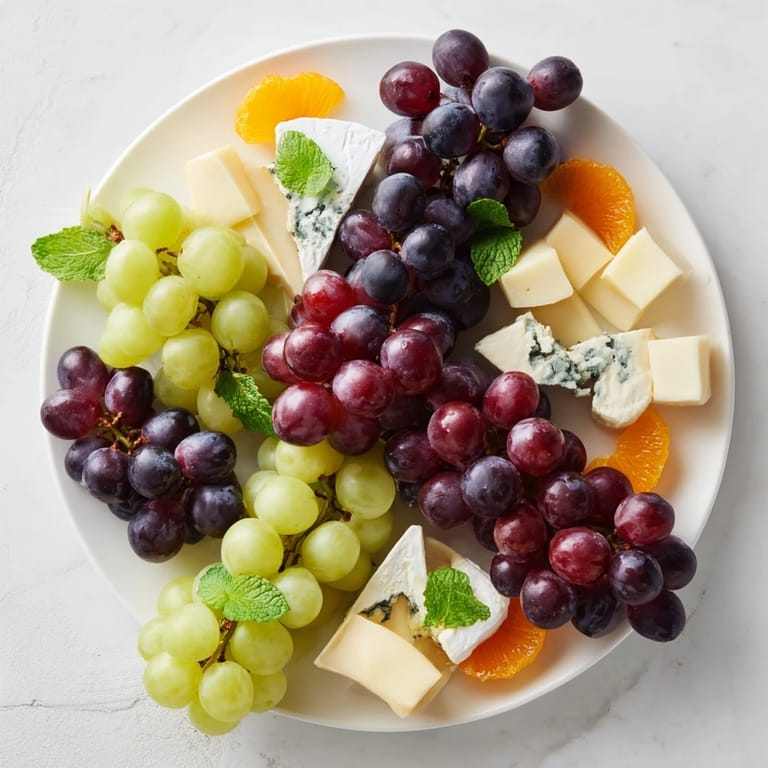 An elegant visual: creamy cheeses and fresh grapes composing the delicious Grapes of Fortune board.