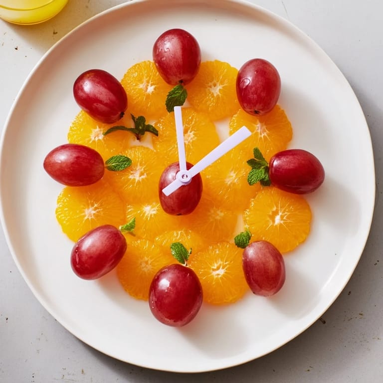 Sweet seedless grapes and bright orange slices create a fun and delicious clock face fruit platter.