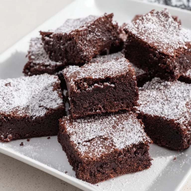 Rich, chocolatey brownie squares with a light powdered sugar finish, perfect for sharing and enjoying.