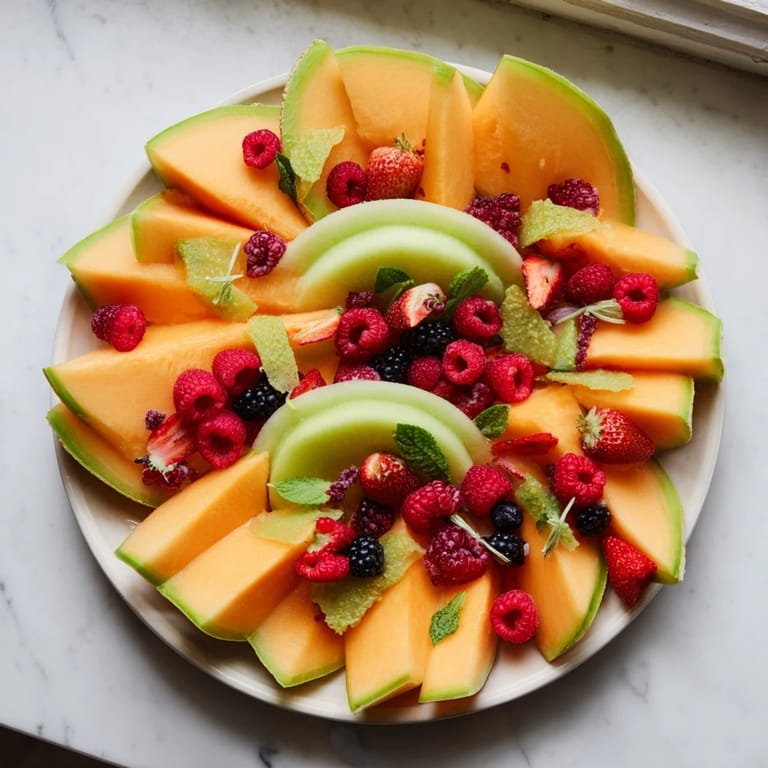 This simple fruit platter features layered melon and bright berries: a refreshing appetizer ready to serve.
