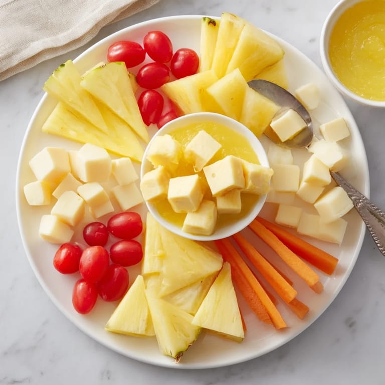 Beautifully arranged Citrus Burst appetizer, overflowing with fresh fruit and tempting yellow ingredients.