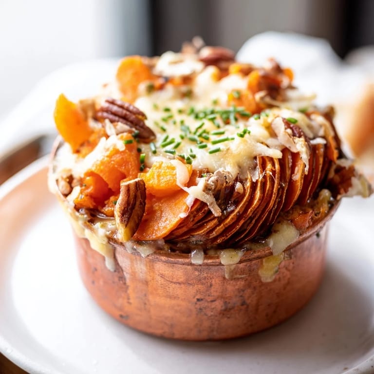 Crispy-edged Copper Penny Warmth with golden cheddar, fresh chives, and toasted pecans for a cozy appetizer.