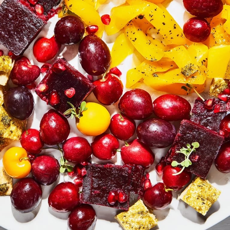 Get ready for a delicious Crimson & Gold Gala platter featuring radiant cheeses and tasty roasted peppers.