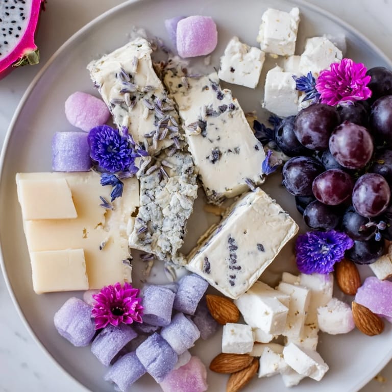 This Lavender Haze Dreamscape boasts colorful fruits, soft cheeses and edible flowers, creating an elegant appetizer.