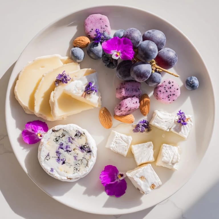 A beautiful cheese board, the Lavender Haze Dreamscape, offers a stunning array of cheeses, crackers, and sweet candies.