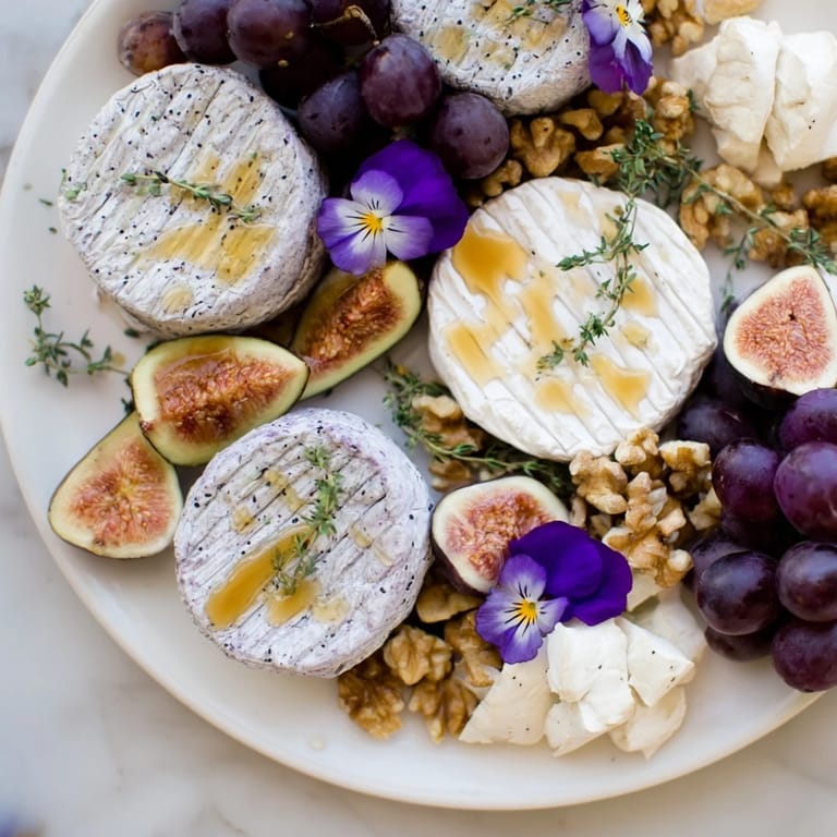 Delicious The Lavender Haze cheese board arrangement featuring purple cheese, grapes, and candied nuts, perfect appetizer.