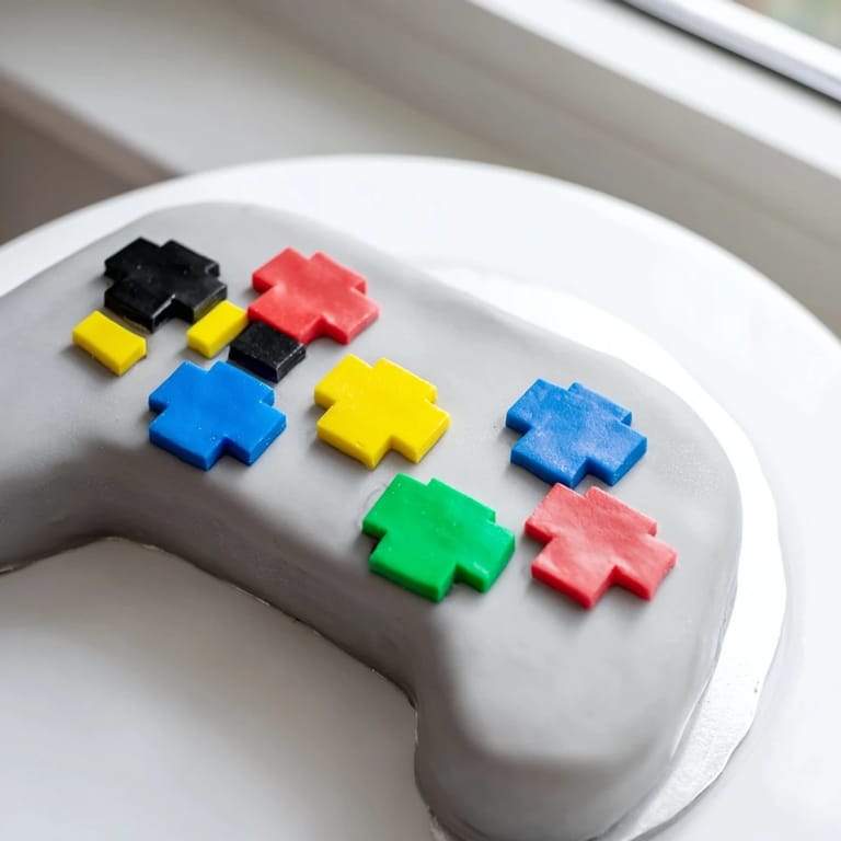 Moist vanilla layers create this visually striking Pixel Video Game Controller Cake, ideal for a gamer's birthday party.