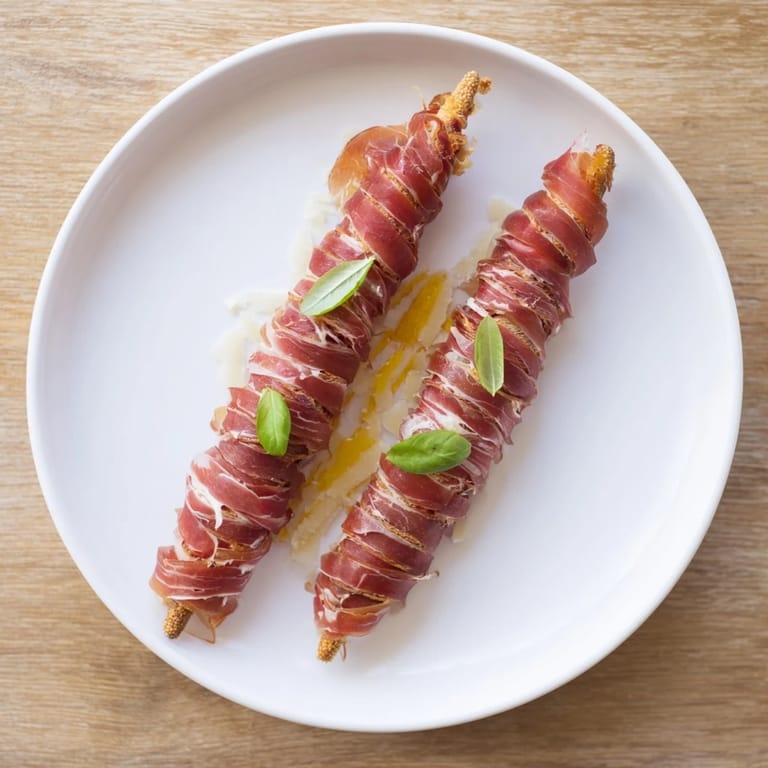 Savory prosciutto ribbons connect breadstick towers in a delightful Golden Gate-inspired appetizer.