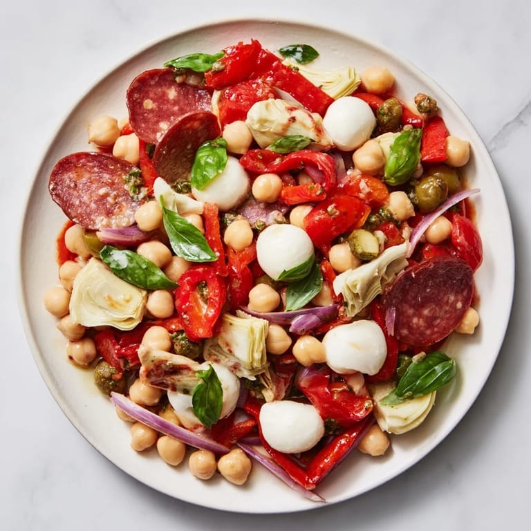 A refreshing bowl of Antipasto Chickpea Salad with tangy dressing, perfect for lunch or a picnic.