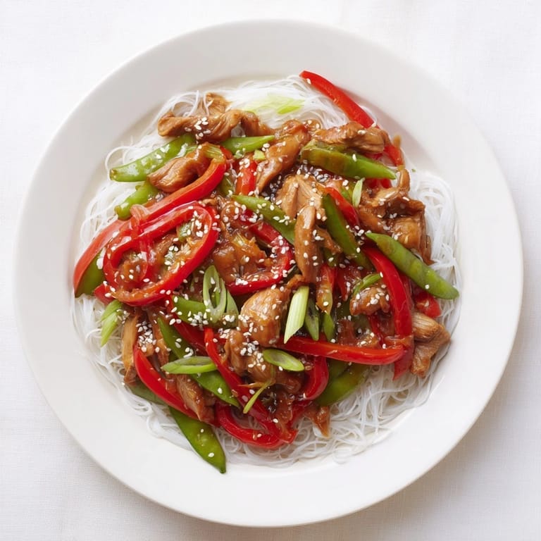 Tender chicken and colorful vegetables in a rich sauce, perfectly combined with delicate rice noodles for this Mongolian Chicken.