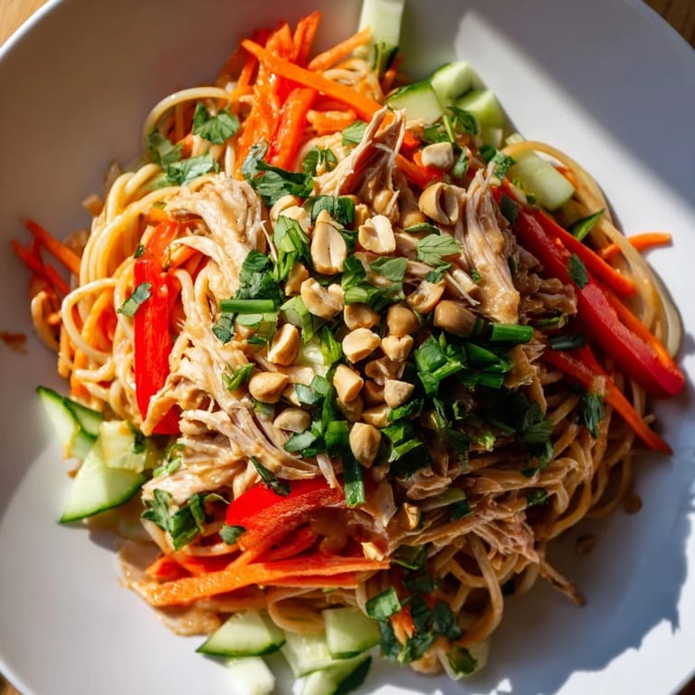 Enjoy a spoonful of the flavorful Thai-Inspired Peanut Chicken Pasta, perfect for a picnic or light dinner.