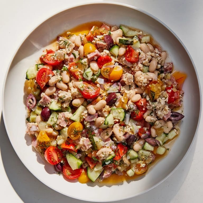 This vibrant Mediterranean Dense Bean Salad bursts with flavors of salami, olives, and fresh herbs, perfect for lunch.