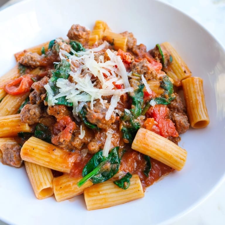 A close-up of a steaming bowl of One-Pot Italian Sausage Tomato Pasta, garnished with fresh basil.