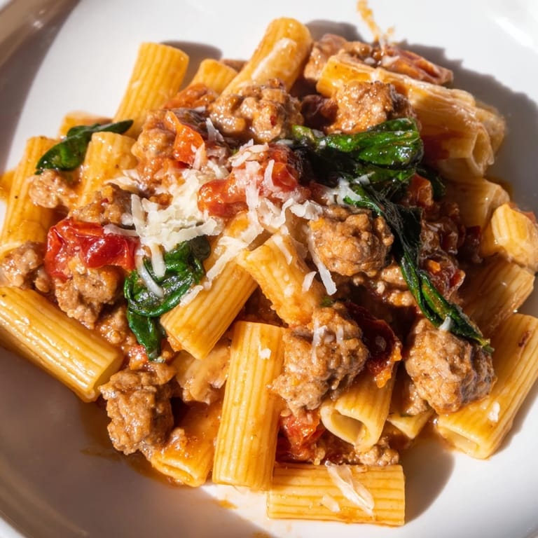 Creamy One-Pot Italian Sausage Tomato Pasta with a rich tomato sauce, perfect for a cozy dinner.