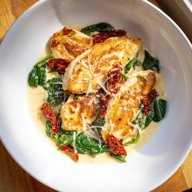 Savor the aroma of this Creamy Tuscan Chicken bursting with spinach, sun-dried tomatoes, and Parmesan cheese.