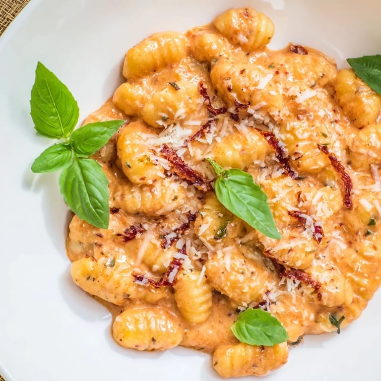 A close-up of a bowl filled with the luscious creamy tomato gnocchi, garnished with fresh basil.