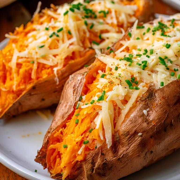 A close-up of a Sweet Potato & Cheese Whole Roast, showing the tender, roasted sweet potato filled with melted cheese.