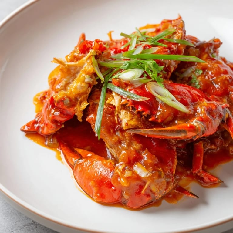 A close-up of generously sauced Singaporean Chili Crab, perfect to soak up with delicious steamed buns.