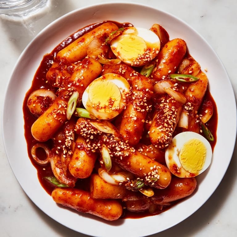 A close-up of spicy, saucy Korean Tteokbokki, a vegetarian-friendly street food delight, ready to eat.