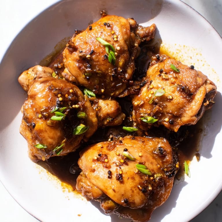 Savory Filipino Chicken Adobo with glistening skin, simmering in a flavorful garlic and vinegar sauce.